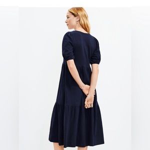 LOFT XL puff sleeve tiered midi dress - 100% cotton navy blue